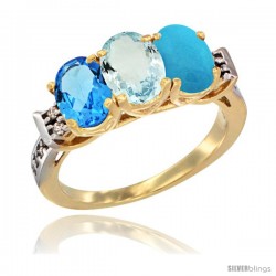 10K Yellow Gold Natural Swiss Blue Topaz, Aquamarine & Turquoise Ring 3-Stone Oval 7x5 mm Diamond Accent