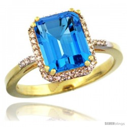 10k Yellow Gold Diamond Swiss Blue Topaz Ring 2.53 ct Emerald Shape 9x7 mm, 1/2 in wide