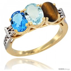 10K Yellow Gold Natural Swiss Blue Topaz, Aquamarine & Tiger Eye Ring 3-Stone Oval 7x5 mm Diamond Accent