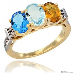 10K Yellow Gold Natural Swiss Blue Topaz, Aquamarine & Whisky Quartz Ring 3-Stone Oval 7x5 mm Diamond Accent