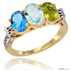 10K Yellow Gold Natural Swiss Blue Topaz, Aquamarine & Lemon Quartz Ring 3-Stone Oval 7x5 mm Diamond Accent