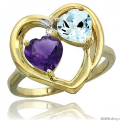 14k Yellow Gold 2-Stone Heart Ring 6mm Natural Amethyst & Aquamarine Diamond Accent