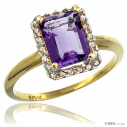 14k Yellow Gold Diamond Amethyst Ring 1.6 ct Emerald Shape 8x6 mm, 1/2 in wide