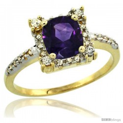 14k Yellow Gold Diamond Halo Amethyst Ring 1.2 ct Checkerboard Cut Cushion 6 mm, 11/32 in wide