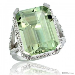 Sterling Silver Diamond Green-Amethyst Ring 14.96 ct Emerald Shape 18x13 Stone 13/16 in wide