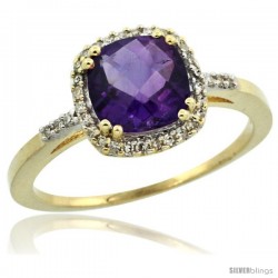 14k Yellow Gold Diamond Amethyst Ring 1.5 ct Checkerboard Cut Cushion Shape 7 mm, 3/8 in wide