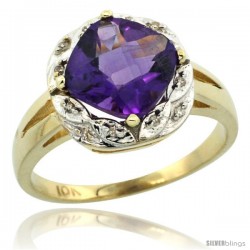 14k Yellow Gold Diamond Halo Amethyst Ring 2.7 ct Checkerboard Cut Cushion Shape 8 mm, 1/2 in wide