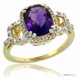 14k Yellow Gold Diamond Amethyst Ring 2 ct Checkerboard Cut Cushion Shape 9x7 mm, 1/2 in wide