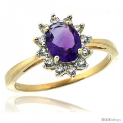 14k Yellow Gold Diamond Halo Amethyst Ring 0.85 ct Oval Stone 7x5 mm, 1/2 in wide