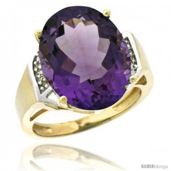 14k Yellow Gold Diamond Amethyst Ring 9.7 ct Large Oval Stone 16x12 mm, 5/8 in wide