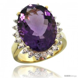 14k Yellow Gold Diamond Halo Amethyst Ring 10 ct Large Oval Stone 18x13 mm, 7/8 in wide