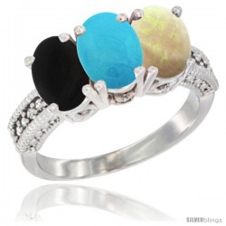 10K White Gold Natural Black Onyx, Turquoise & Opal Ring 3-Stone Oval 7x5 mm Diamond Accent