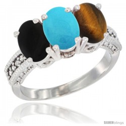 10K White Gold Natural Black Onyx, Turquoise & Tiger Eye Ring 3-Stone Oval 7x5 mm Diamond Accent