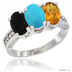 10K White Gold Natural Black Onyx, Turquoise & Whisky Quartz Ring 3-Stone Oval 7x5 mm Diamond Accent