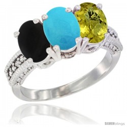 10K White Gold Natural Black Onyx, Turquoise & Lemon Quartz Ring 3-Stone Oval 7x5 mm Diamond Accent