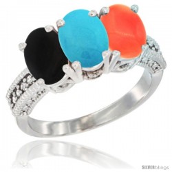 10K White Gold Natural Black Onyx, Turquoise & Coral Ring 3-Stone Oval 7x5 mm Diamond Accent