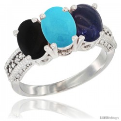 10K White Gold Natural Black Onyx, Turquoise & Lapis Ring 3-Stone Oval 7x5 mm Diamond Accent