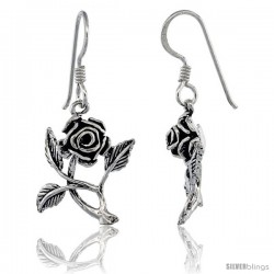 Sterling Silver Rose Flower Dangle Hook Earrings 1 1/4 in(31 mm) tall