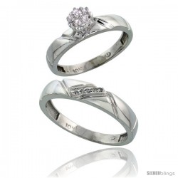 10k White Gold Diamond Engagement Rings 2-Piece Set for Men and Women 0.08 cttw Brilliant Cut, 4mm & 4.5mm wide