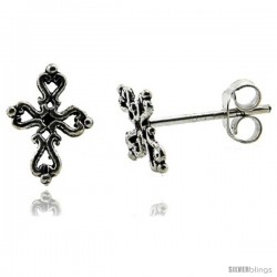 Very Tiny Filigree Cross Stud Earrings in Sterling Silver 1/2 in