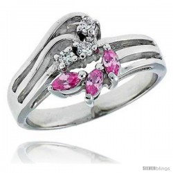 Sterling Silver & Rhodium Plated Freeform Ring, w/ Three 4 x 2 mm Marquise Cut & Three 2mm Round High Quality CZ's, 1/2"