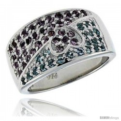 Sterling Silver & Rhodium Plated Dome Heart Band, w/ Tiny High Quality CZ's (22 Blue Topaz, 36 Amethyst), 7/16" (12 mm) wide