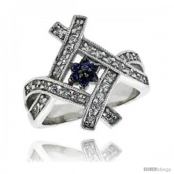 Sterling Silver & Rhodium Plated Flower Ring, w/ Tiny High Quality Sapphire & White CZ's, 7/8" (22 mm) wide