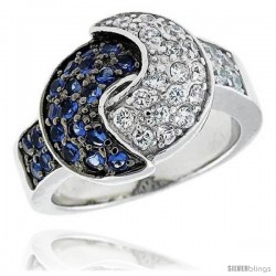 Sterling Silver & Rhodium Plated Overlapping Crescent Moon Band, w/ Tiny High Quality Sapphire & White CZ's, 5/8" (16 mm) wide