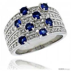 Sterling Silver & Rhodium Plated Dome Band, w/ Eight 3mm High Quality Sapphire CZ's, 1/2" (13 mm) wide