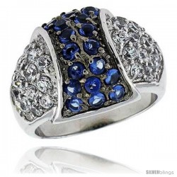 Sterling Silver & Rhodium Plated Dome Ring, w/ 2mm High Quality Sapphire & White CZ's, 9/16" (15 mm) wide