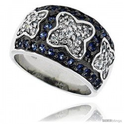 Sterling Silver & Rhodium Plated Floral Dome Ring, w/ Tiny High Quality Sapphire & White CZ's, 1/2" (13 mm) wide