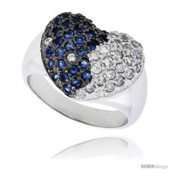 Sterling Silver & Rhodium Plated Heart Ring, w/ 2mm High Quality Sapphire & White CZ's, 9/16" (15 mm) wide