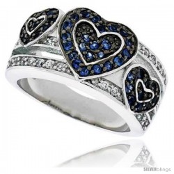 Sterling Silver & Rhodium Plated Hearts Band, w/ Tiny High Quality Sapphire & White CZ's, 1/2" (12 mm) wide