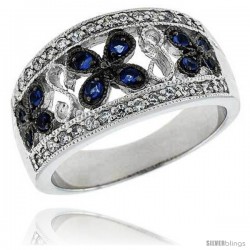 Sterling Silver & Rhodium Plated Floral Band, w/ Tiny High Quality Sapphire & White CZ's, 7/16" (12 mm) wide