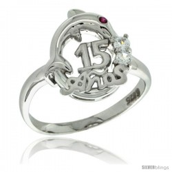 Sterling Silver Quinceanera 15 ANOS Dolphin Ring CZ stones Rhodium Finished, 1/2 in wide