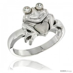 Sterling Silver Frog & Heart Ring CZ stones Rhodium Finished, 9/16 in wide