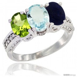 14K White Gold Natural Peridot, Aquamarine & Lapis Ring 3-Stone Oval 7x5 mm Diamond Accent