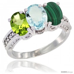 14K White Gold Natural Peridot, Aquamarine & Malachite Ring 3-Stone Oval 7x5 mm Diamond Accent