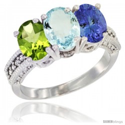 14K White Gold Natural Peridot, Aquamarine & Tanzanite Ring 3-Stone Oval 7x5 mm Diamond Accent