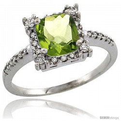 14k White Gold Diamond Halo Peridot Ring 1.2 ct Checkerboard Cut Cushion 6 mm, 11/32 in wide