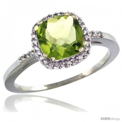 14k White Gold Diamond Peridot Ring 1.5 ct Checkerboard Cut Cushion Shape 7 mm, 3/8 in wide