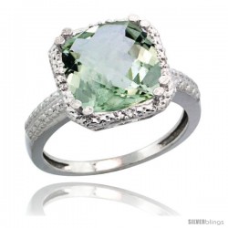 Sterling Silver Diamond Natural Green Amethyst Ring Ring 5.94 ct Checkerboard Cushion 11 mm Stone 1/2 in wide