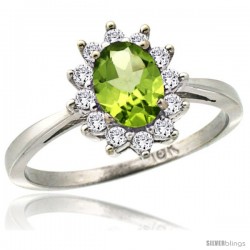 14k White Gold Diamond Halo Peridot Ring 0.85 ct Oval Stone 7x5 mm, 1/2 in wide