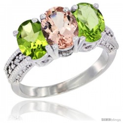 14K White Gold Natural Morganite & Peridot Sides Ring 3-Stone Oval 7x5 mm Diamond Accent