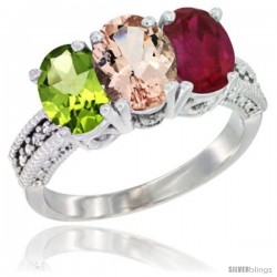 14K White Gold Natural Peridot, Morganite & Ruby Ring 3-Stone Oval 7x5 mm Diamond Accent