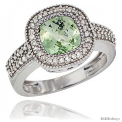 14k White Gold Ladies Natural Green-Amethyst Ring Cushion-cut 3.5 ct. 7x7 Stone Diamond Accent