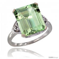 14k White Gold Ladies Natural Green Amethyst Ring Emerald-shape 12x10 Stone Diamond Accent