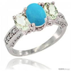 14k White Gold Ladies Oval Natural Turquoise 3-Stone Ring with Green Amethyst Sides Diamond Accent