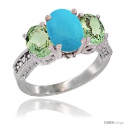 14K White Gold Ladies 3-Stone Oval Natural Turquoise Ring with Green Amethyst Sides Diamond Accent