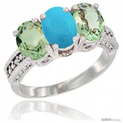 14K White Gold Natural Turquoise & Green Amethyst Sides Ring 3-Stone 7x5 mm Oval Diamond Accent